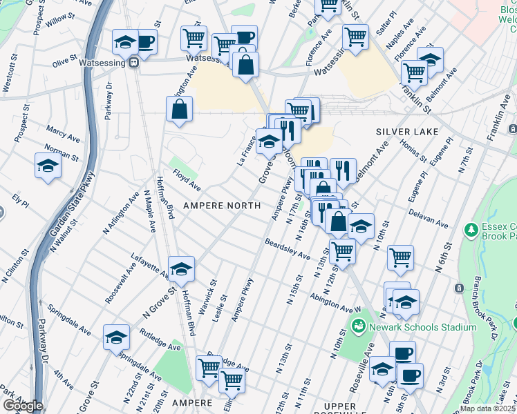 map of restaurants, bars, coffee shops, grocery stores, and more near 285 Ampere Parkway in Bloomfield