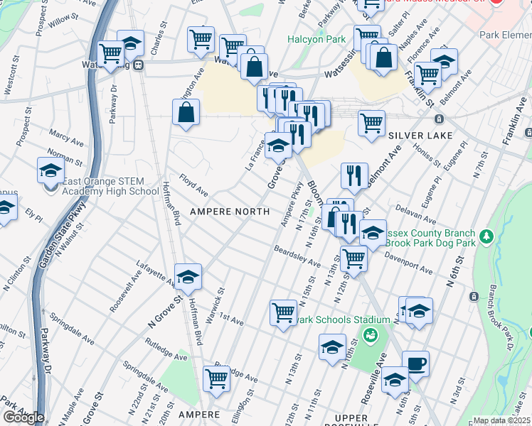 map of restaurants, bars, coffee shops, grocery stores, and more near 93 Grove Street in Bloomfield