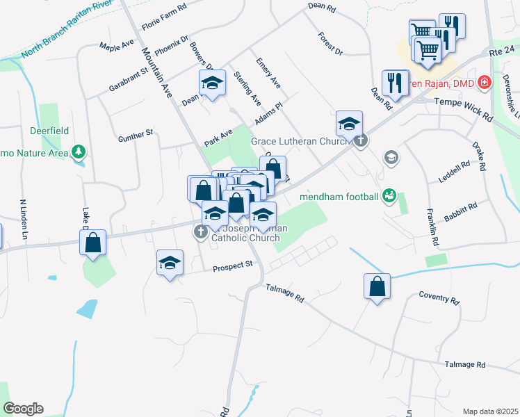 map of restaurants, bars, coffee shops, grocery stores, and more near 5 East Main Street in Mendham Township