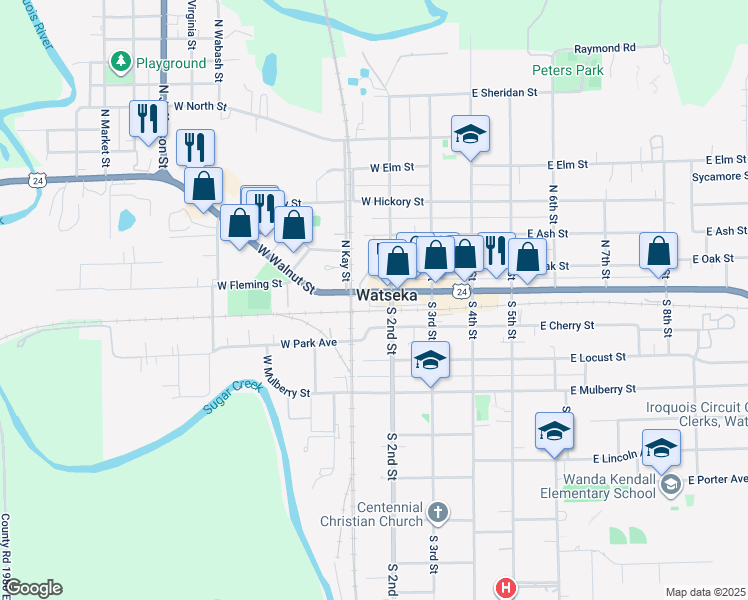 map of restaurants, bars, coffee shops, grocery stores, and more near in Watseka