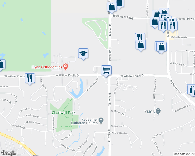 map of restaurants, bars, coffee shops, grocery stores, and more near 2608 West Willowlake Drive in Peoria