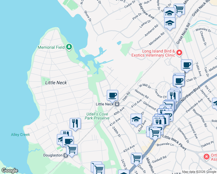 map of restaurants, bars, coffee shops, grocery stores, and more near 37-08 Little Neck Parkway in Queens