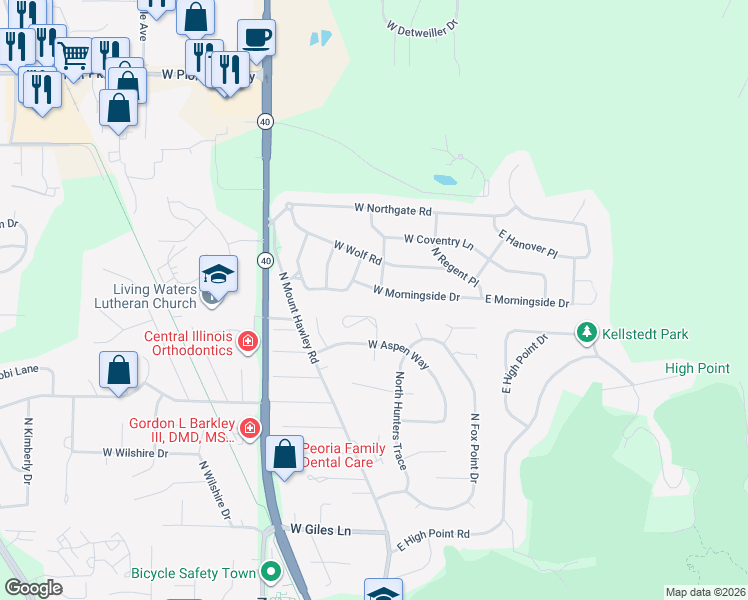map of restaurants, bars, coffee shops, grocery stores, and more near 400 West Morningside Drive in Peoria