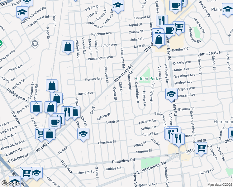 map of restaurants, bars, coffee shops, grocery stores, and more near 90 Cedar Street in Hicksville
