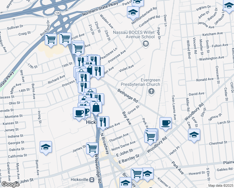 map of restaurants, bars, coffee shops, grocery stores, and more near 241 Bay Avenue in Hicksville