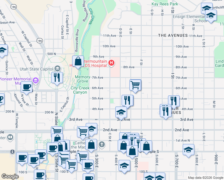 map of restaurants, bars, coffee shops, grocery stores, and more near 286 1/2 C Street East in Salt Lake City