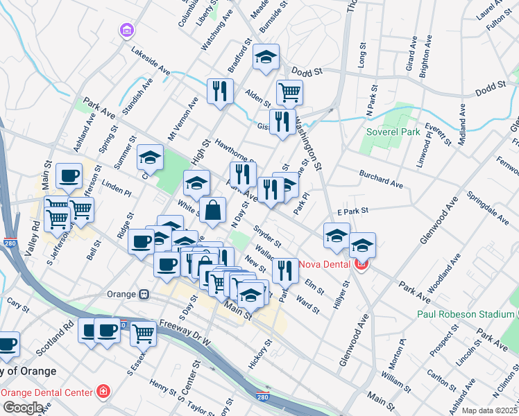 map of restaurants, bars, coffee shops, grocery stores, and more near 272 Park Avenue in City of Orange
