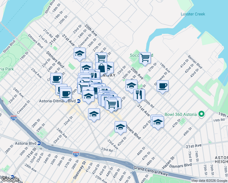 map of restaurants, bars, coffee shops, grocery stores, and more near 21-12 36th Street in Queens
