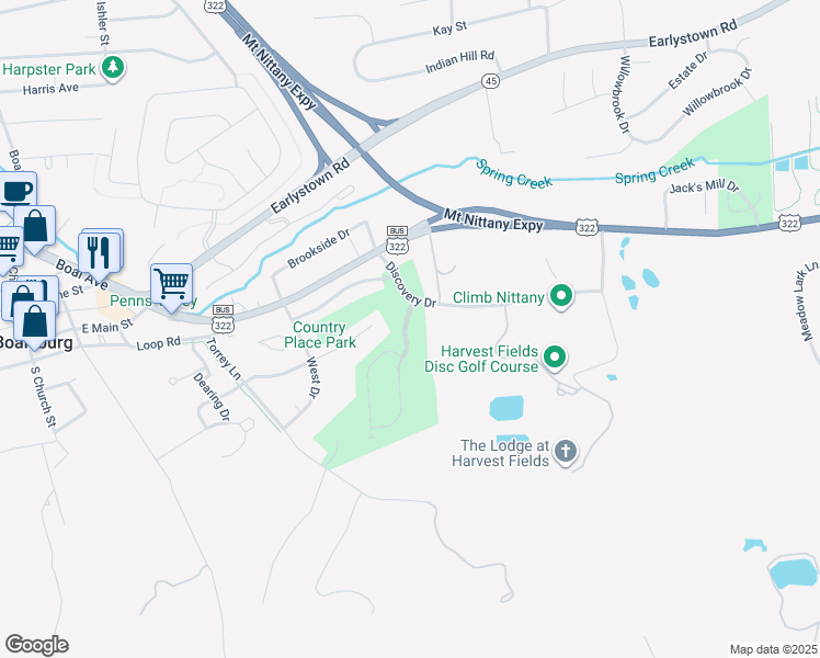 map of restaurants, bars, coffee shops, grocery stores, and more near 131 Kestrel Lane in Boalsburg