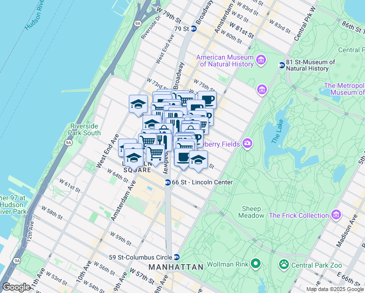 map of restaurants, bars, coffee shops, grocery stores, and more near 121 West 69th Street in New York