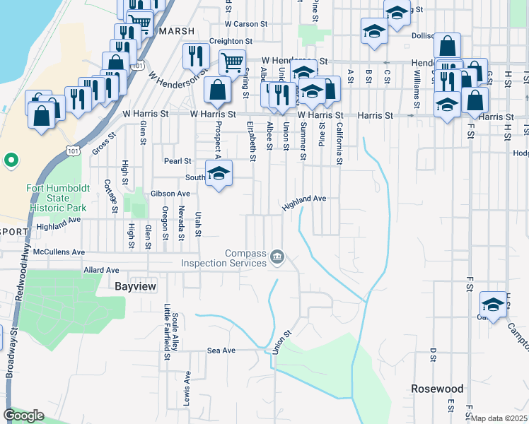 map of restaurants, bars, coffee shops, grocery stores, and more near 3496 Albee Street in Eureka