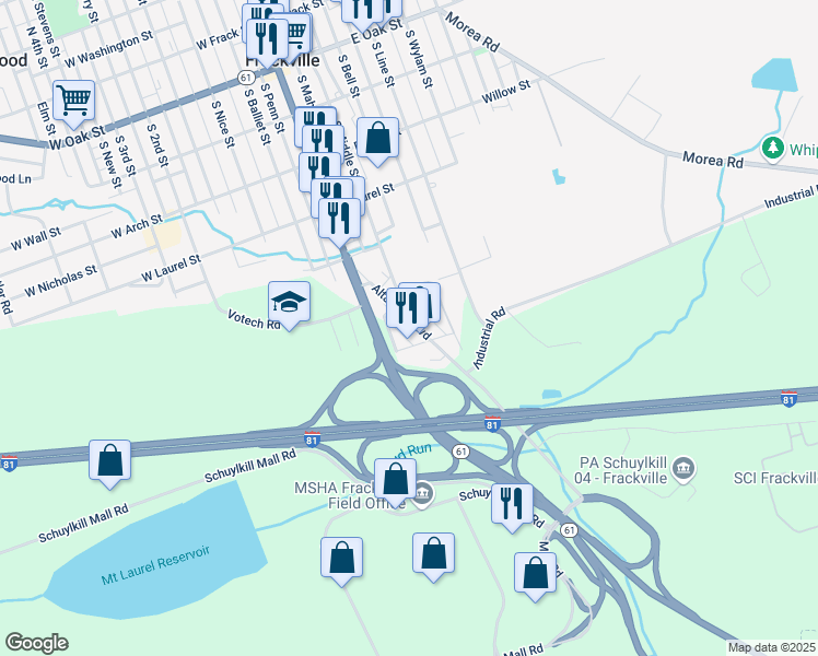 map of restaurants, bars, coffee shops, grocery stores, and more near 628 South Lehigh Avenue in Frackville