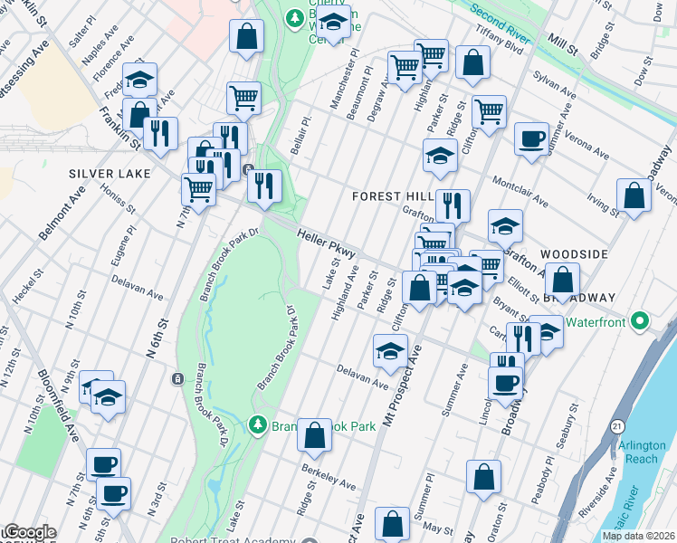 map of restaurants, bars, coffee shops, grocery stores, and more near 727 Lake Street in Newark
