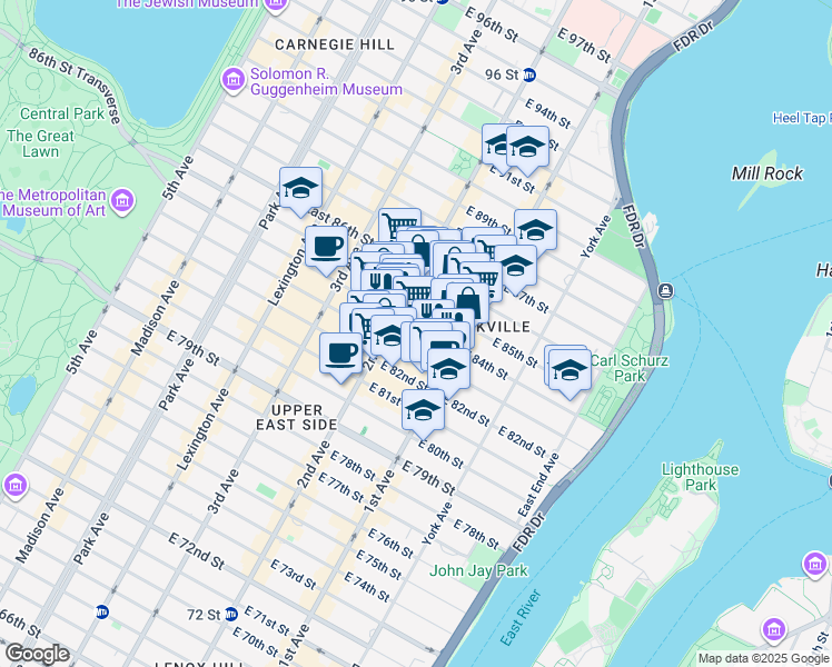 map of restaurants, bars, coffee shops, grocery stores, and more near 318 East 84th Street in New York