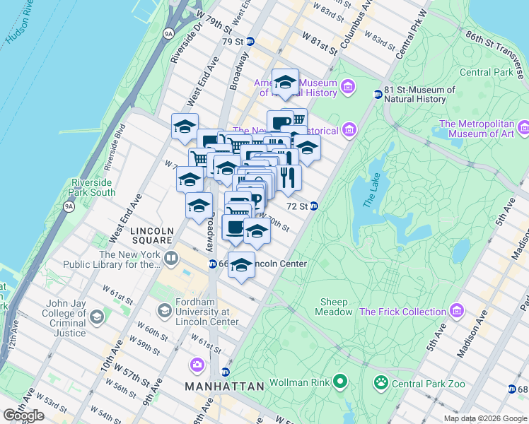 map of restaurants, bars, coffee shops, grocery stores, and more near 46 West 71st Street in New York