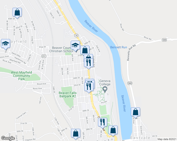 map of restaurants, bars, coffee shops, grocery stores, and more near 3422 4th Avenue in Beaver Falls