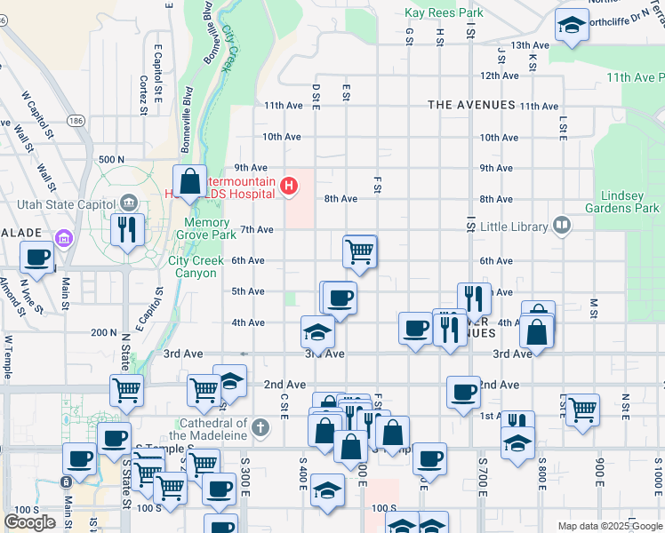 map of restaurants, bars, coffee shops, grocery stores, and more near 374 East 6th Avenue in Salt Lake City