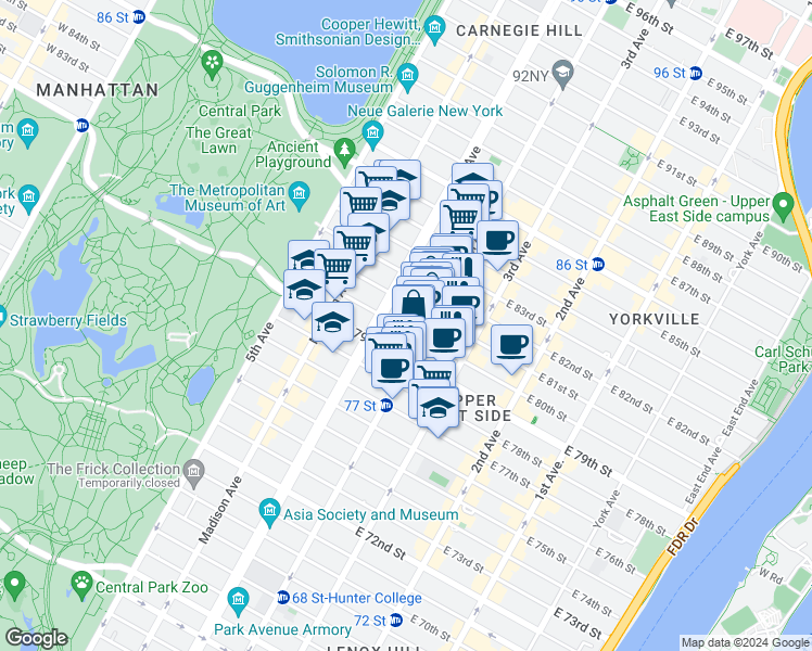 map of restaurants, bars, coffee shops, grocery stores, and more near 119 East 80th Street in New York