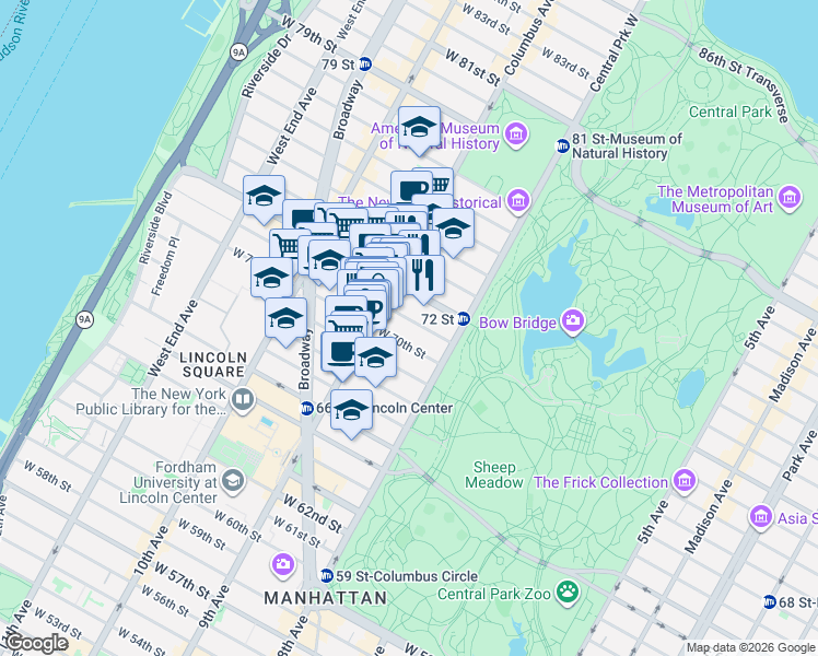map of restaurants, bars, coffee shops, grocery stores, and more near 46 West 71st Street in New York
