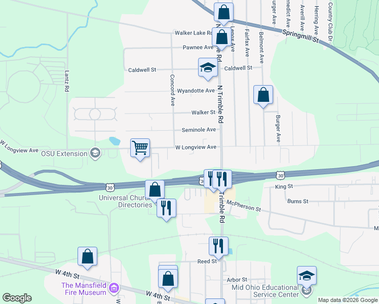 map of restaurants, bars, coffee shops, grocery stores, and more near 1099 West Longview Avenue in Mansfield