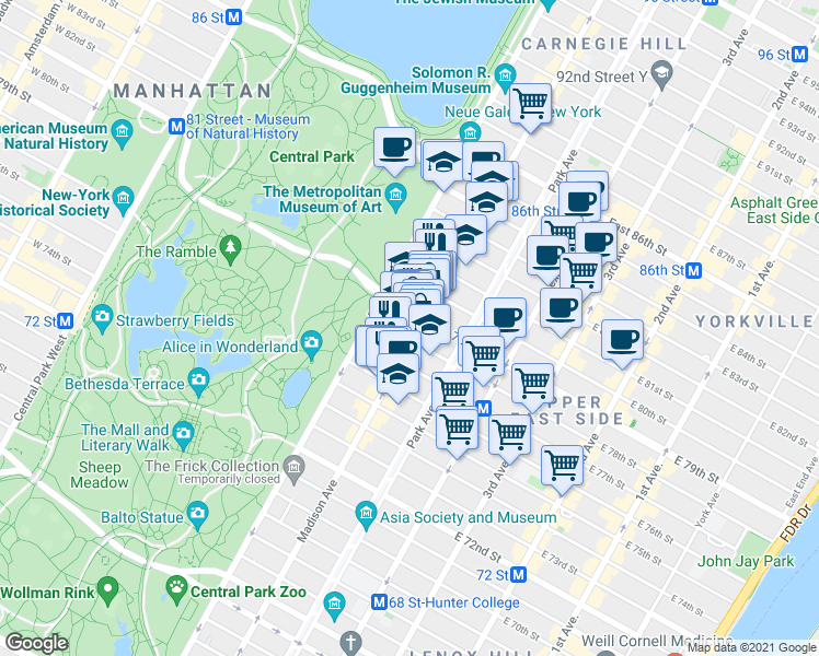map of restaurants, bars, coffee shops, grocery stores, and more near 1045 Madison Avenue in New York