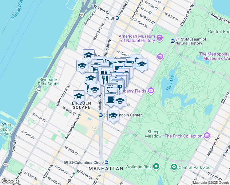 map of restaurants, bars, coffee shops, grocery stores, and more near 104 West 70th Street in New York