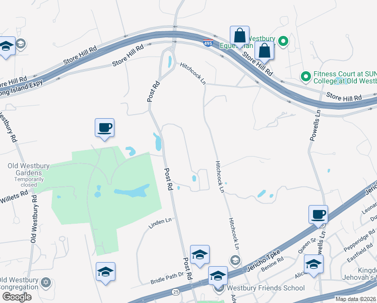 map of restaurants, bars, coffee shops, grocery stores, and more near 73-103 Post Road in Old Westbury