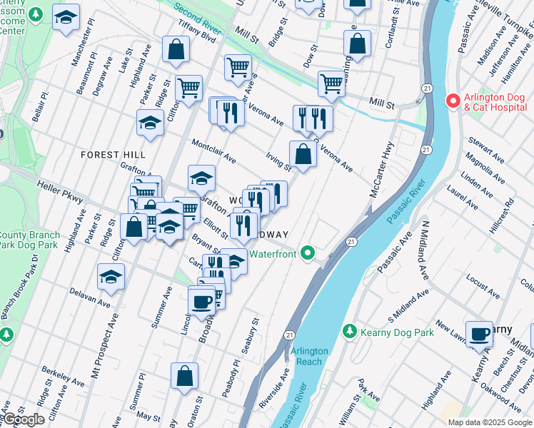 map of restaurants, bars, coffee shops, grocery stores, and more near 762 Broadway in Newark