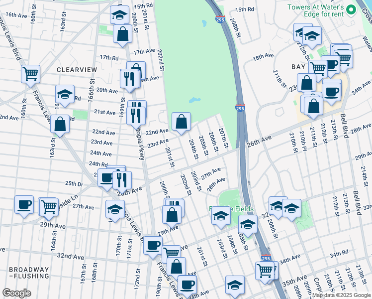 map of restaurants, bars, coffee shops, grocery stores, and more near 24-03 202nd Street in Queens