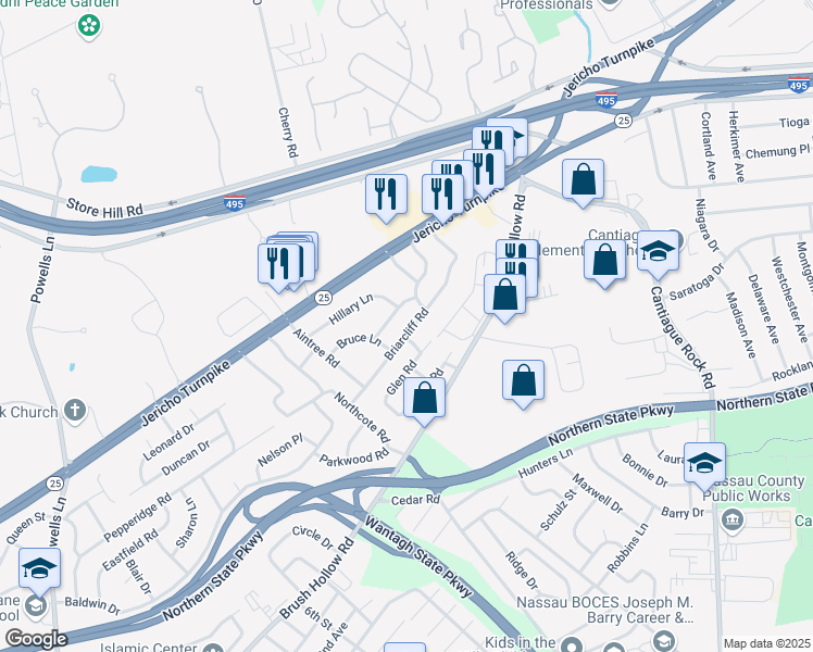 map of restaurants, bars, coffee shops, grocery stores, and more near 79 Briarcliff Road in Westbury