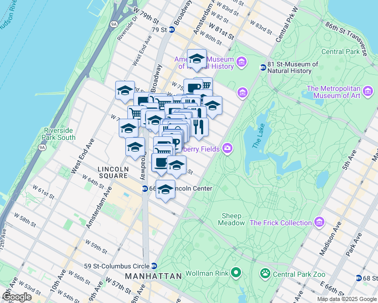 map of restaurants, bars, coffee shops, grocery stores, and more near 46 West 71st Street in New York