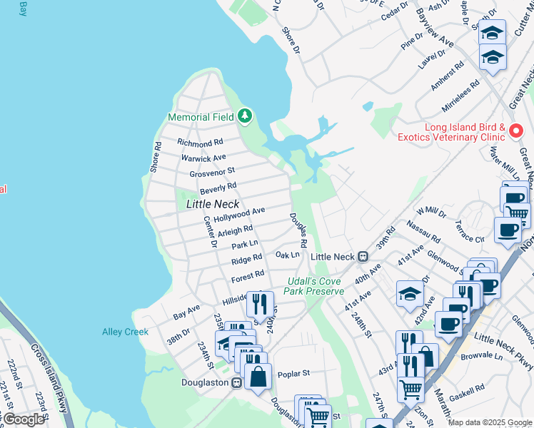 map of restaurants, bars, coffee shops, grocery stores, and more near 3-28 Hollywood Avenue in Queens