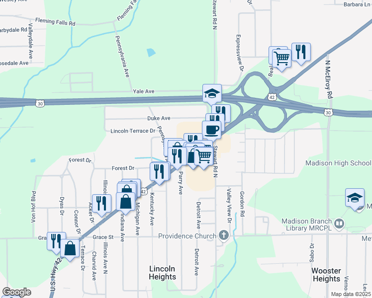map of restaurants, bars, coffee shops, grocery stores, and more near 1001 Ashland Road in Mansfield