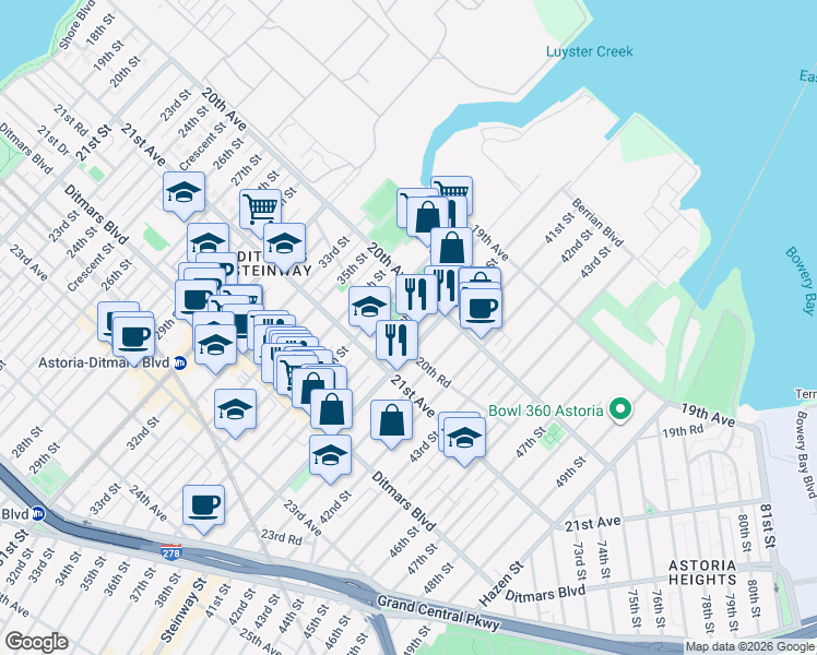 map of restaurants, bars, coffee shops, grocery stores, and more near 38-01 20th Road in Queens