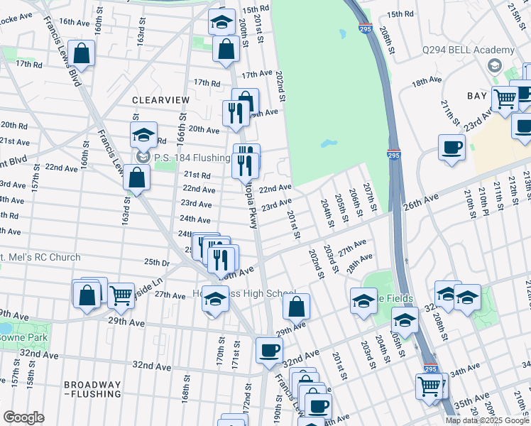 map of restaurants, bars, coffee shops, grocery stores, and more near 199-14 23rd Ave in Queens