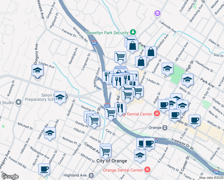 map of restaurants, bars, coffee shops, grocery stores, and more near 20 Northfield Avenue in West Orange