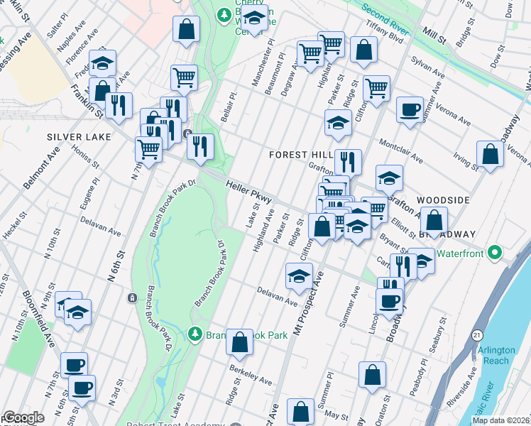 map of restaurants, bars, coffee shops, grocery stores, and more near 727-729 Lake Street in Newark