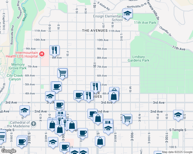 map of restaurants, bars, coffee shops, grocery stores, and more near 288 I Street in Salt Lake City