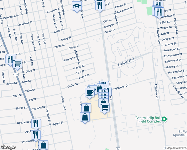 map of restaurants, bars, coffee shops, grocery stores, and more near 29 Beech Street in Central Islip