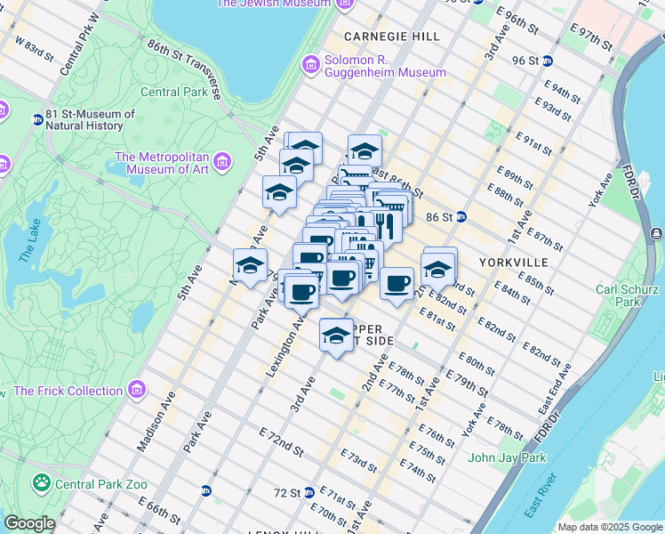 map of restaurants, bars, coffee shops, grocery stores, and more near 1189 Lexington Avenue in New York