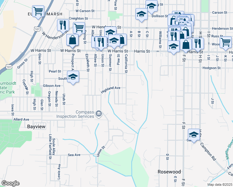 map of restaurants, bars, coffee shops, grocery stores, and more near 3529 Summer St in Eureka