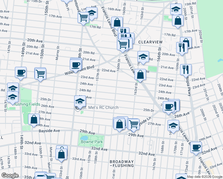 map of restaurants, bars, coffee shops, grocery stores, and more near 157-58 24th Avenue in Queens