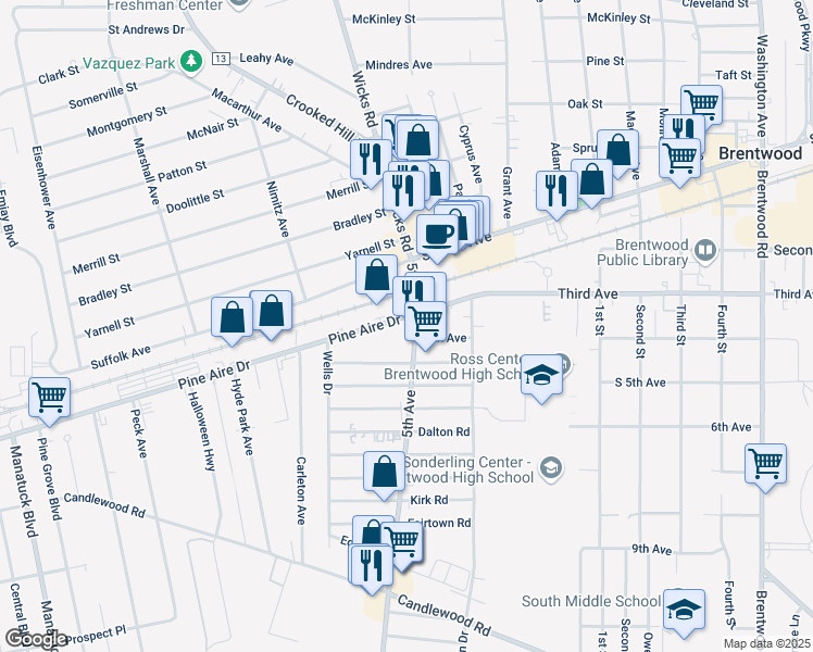 map of restaurants, bars, coffee shops, grocery stores, and more near 1846 5th Avenue in Bay Shore