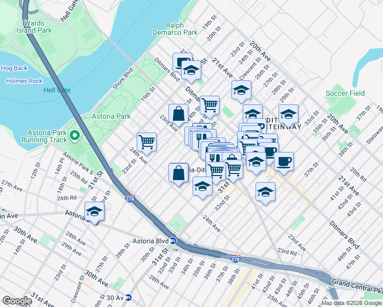map of restaurants, bars, coffee shops, grocery stores, and more near 2620 23rd Avenue in Queens