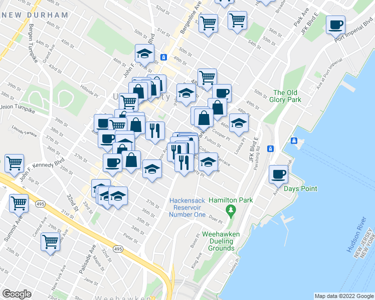 map of restaurants, bars, coffee shops, grocery stores, and more near 115 43rd Street in Union City