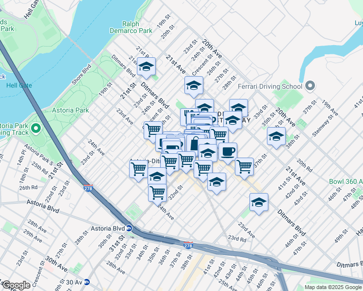 map of restaurants, bars, coffee shops, grocery stores, and more near 22-42 29th Street in Queens