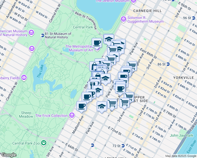 map of restaurants, bars, coffee shops, grocery stores, and more near 5A East 78th Street in New York