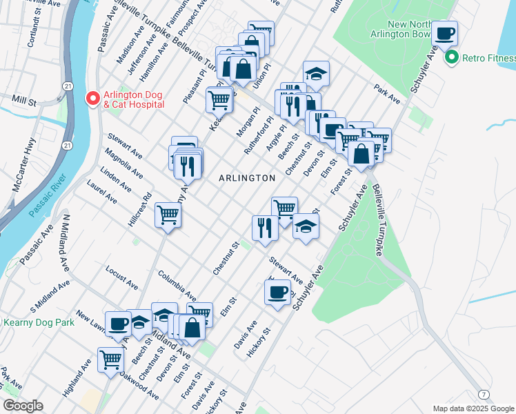 map of restaurants, bars, coffee shops, grocery stores, and more near 743 Chestnut Street in Kearny