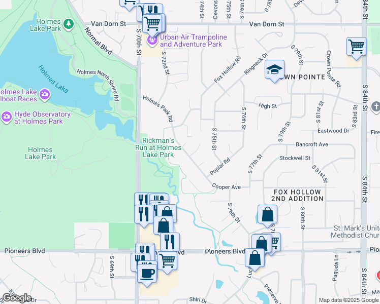 map of restaurants, bars, coffee shops, grocery stores, and more near 7300 Skyhawk Circle in Lincoln