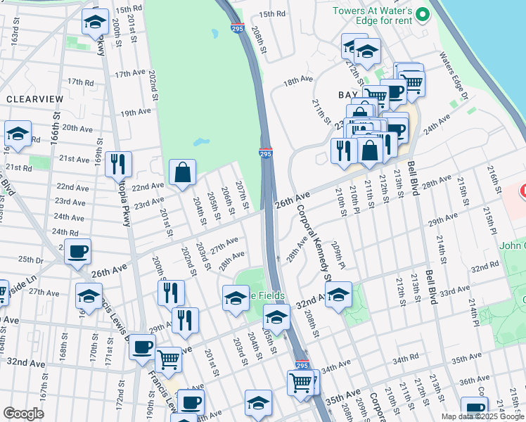 map of restaurants, bars, coffee shops, grocery stores, and more near 27154 26th Avenue in Queens